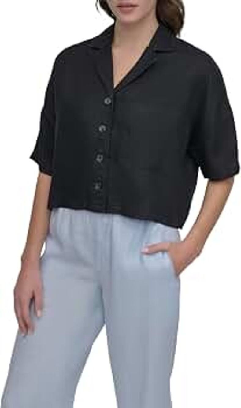 DKNY Women's Oversized Button-Front Dolman-Sleeve Top in Black